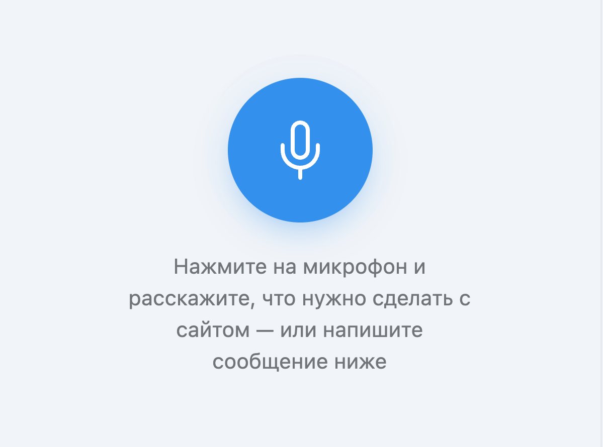 Середина пустой панели диалога: крупная синяя круглая кнопка с микрофоном и подпись под ней — «Нажмите на микрофон и расскажите, что нужно сделать с сайтом — или напишите сообщение ниже».